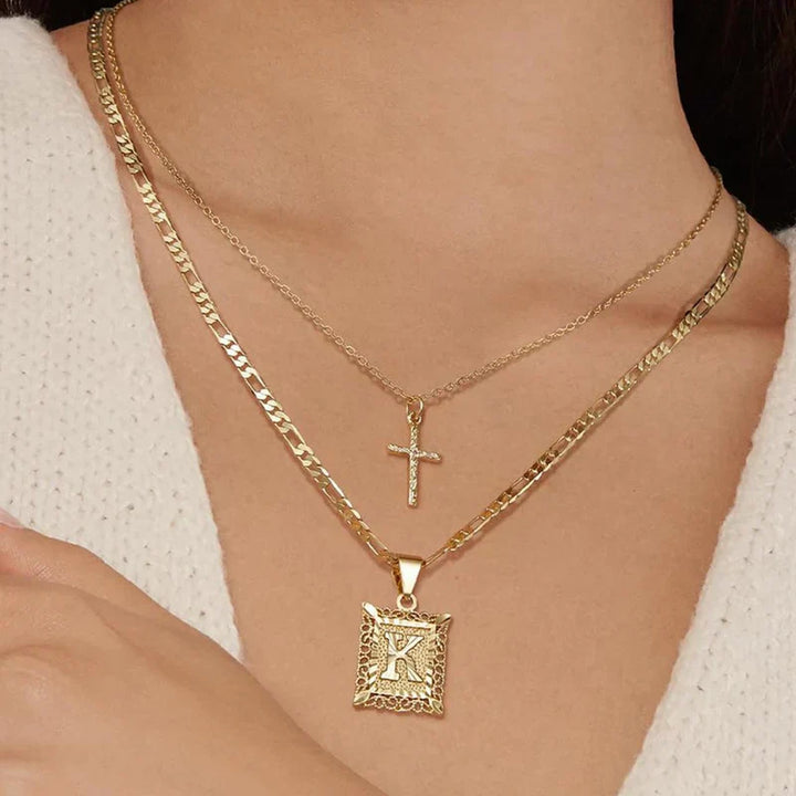 Necklace set with cross and initial | Gold