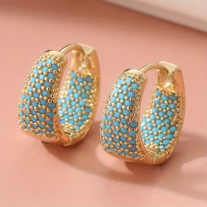 Turquoise Beaded Hoop Earrings with Gold Finish