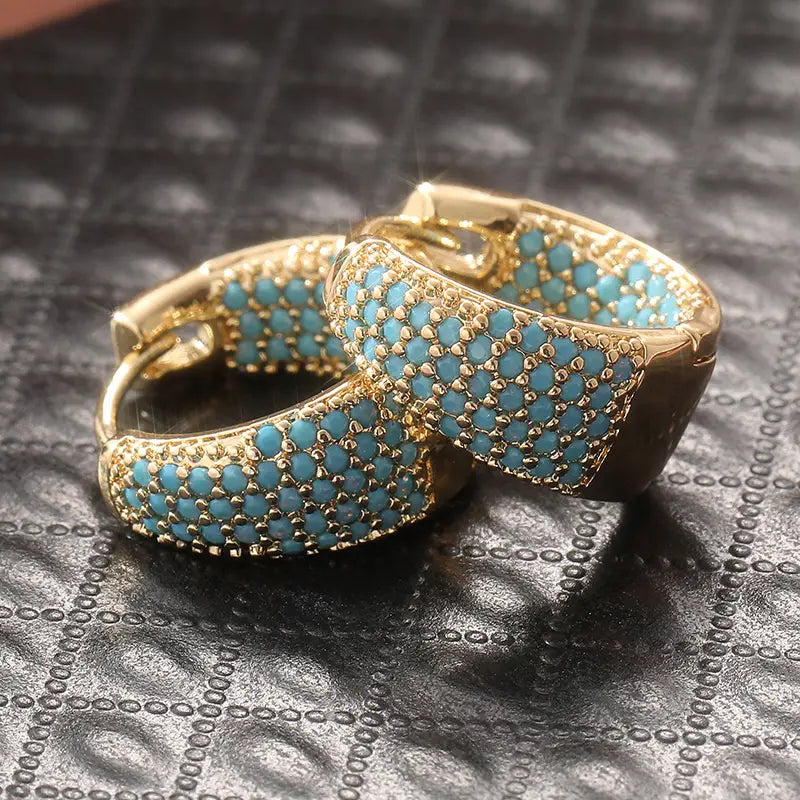 Turquoise Beaded Hoop Earrings with Gold Finish