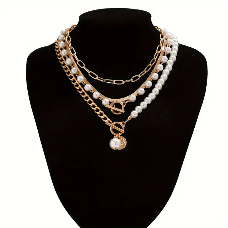 Vintage pearl necklace with a gold snake chain – set