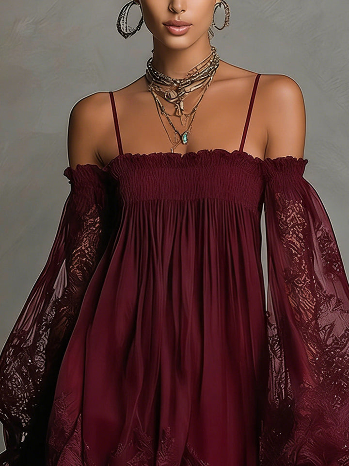 Noemi • Navy blue chiffon mini dress with off-the-shoulder neckline, lace trim, and sheer sleeves