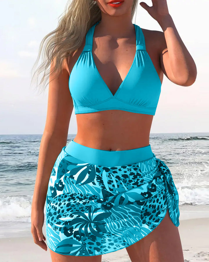 Two-piece swimsuit with bra and skirt