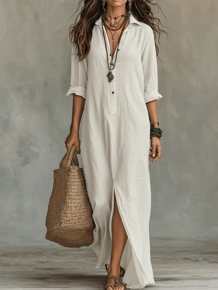 Soline™ | Relaxed V-Neck Button Maxi Dress