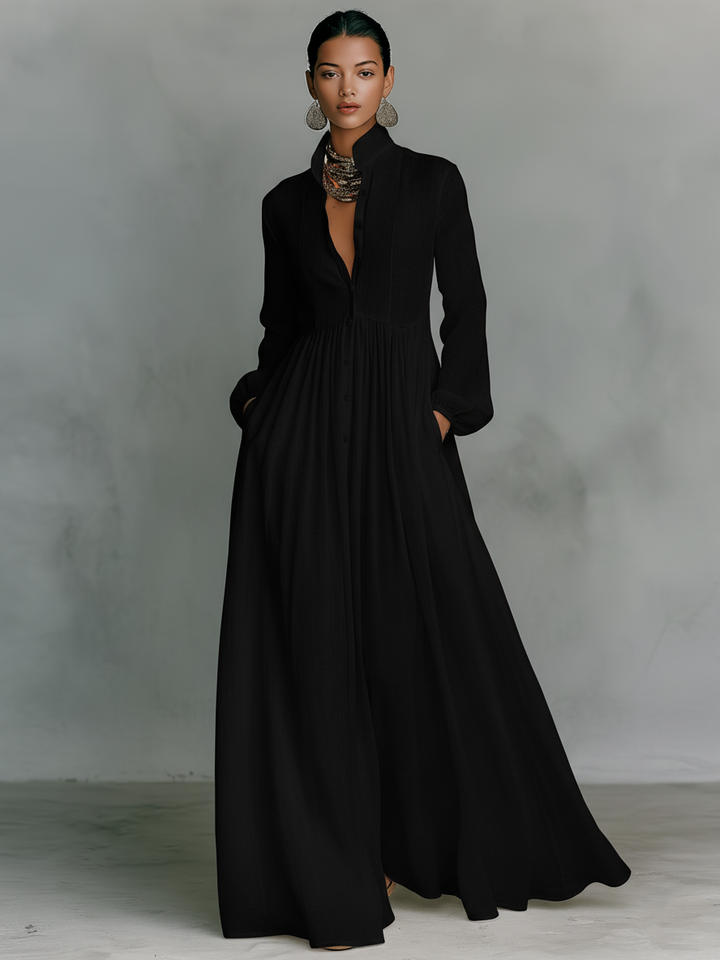 Maxi Minimalist Dress in Cotton and Linen with Patchwork, High Collar and Long Sleeves