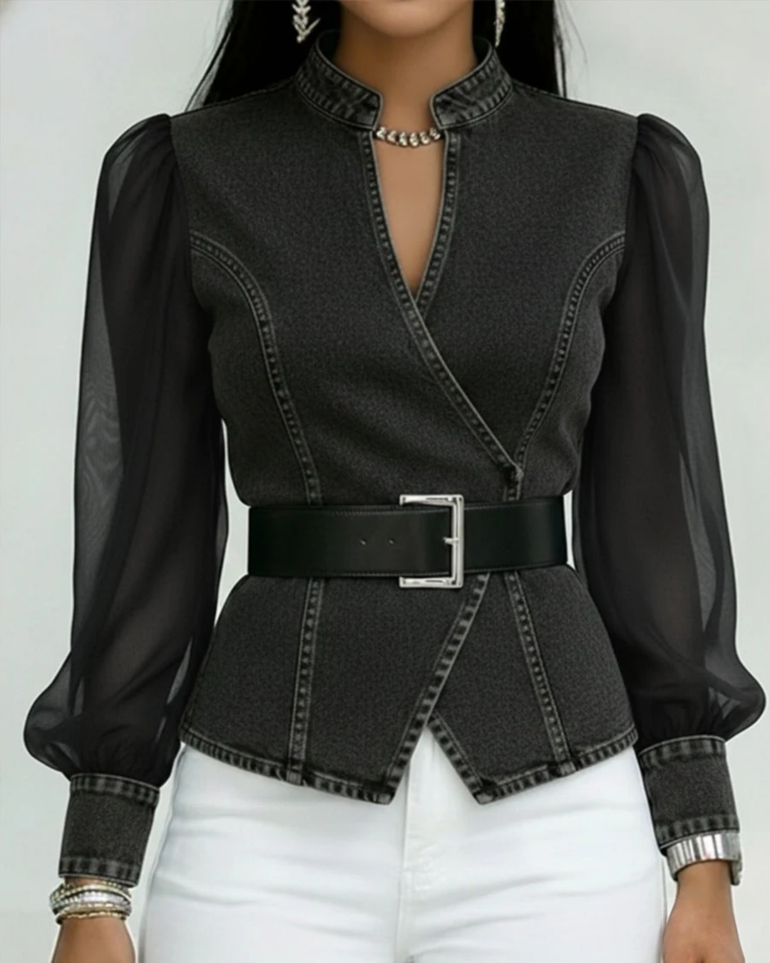 Alessia™ | Denim Top with Lightweight Chiffon Sleeves