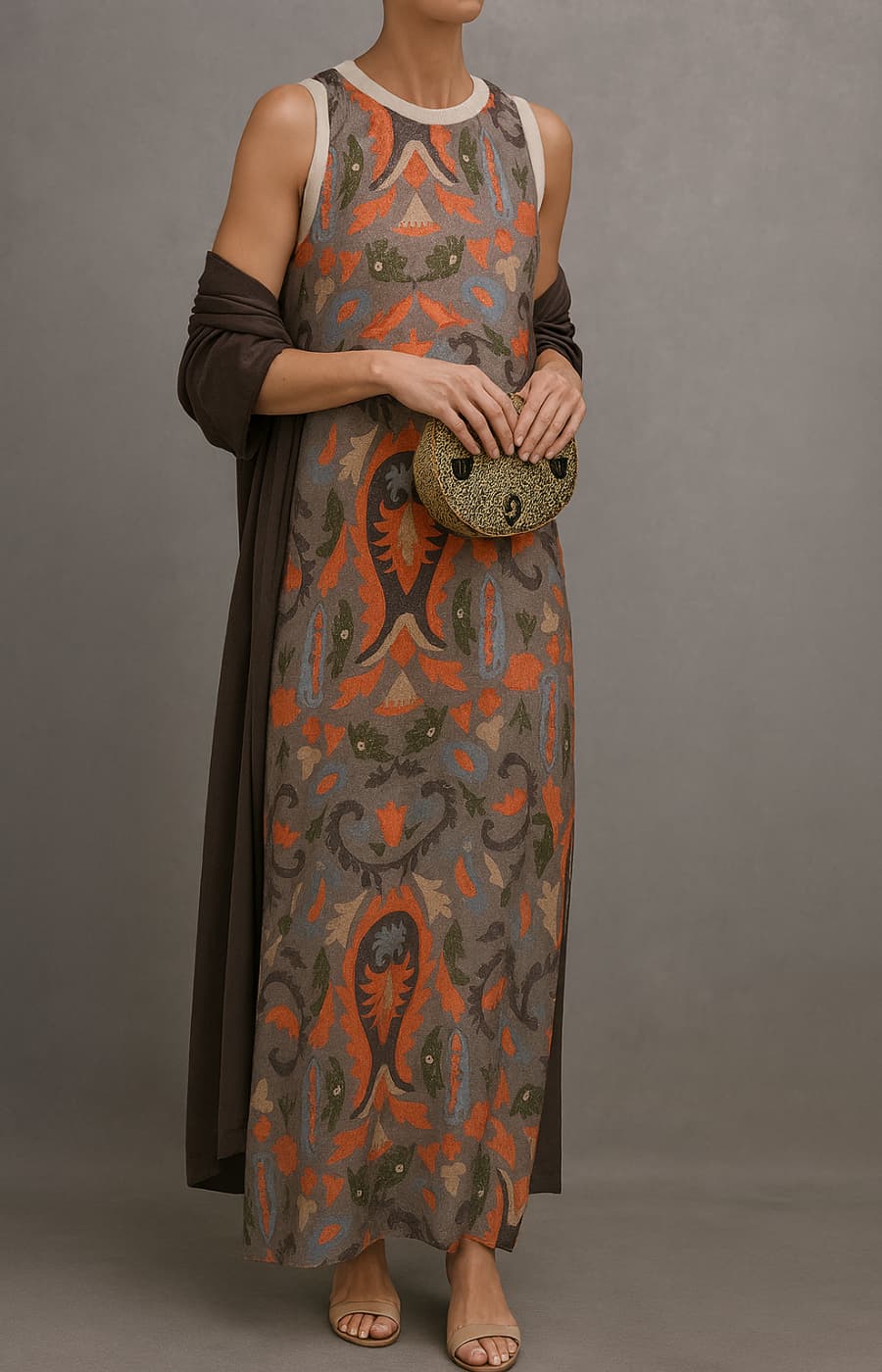 Elina™ | Printed Maxi Dress Set with Matching Vest