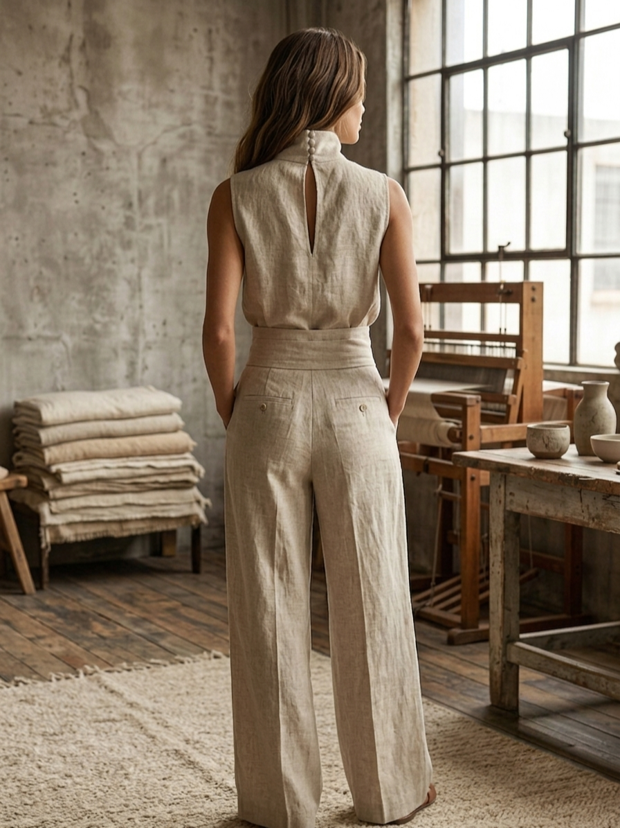 Aurora • Two-piece set consisting of a sleeveless beige top in a cotton-linen blend and wide-leg pants