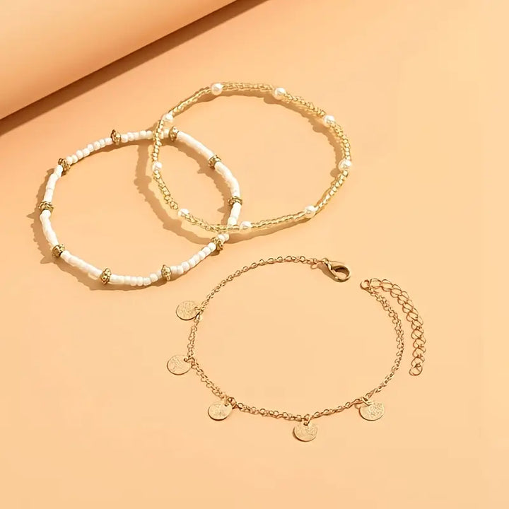 3-piece layered anklet set Coastal Charm | Gold