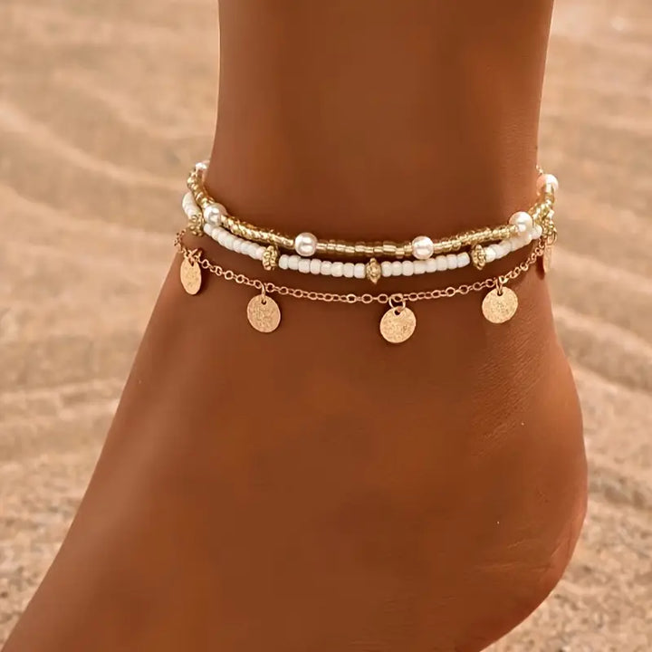 3-piece layered anklet set Coastal Charm | Gold