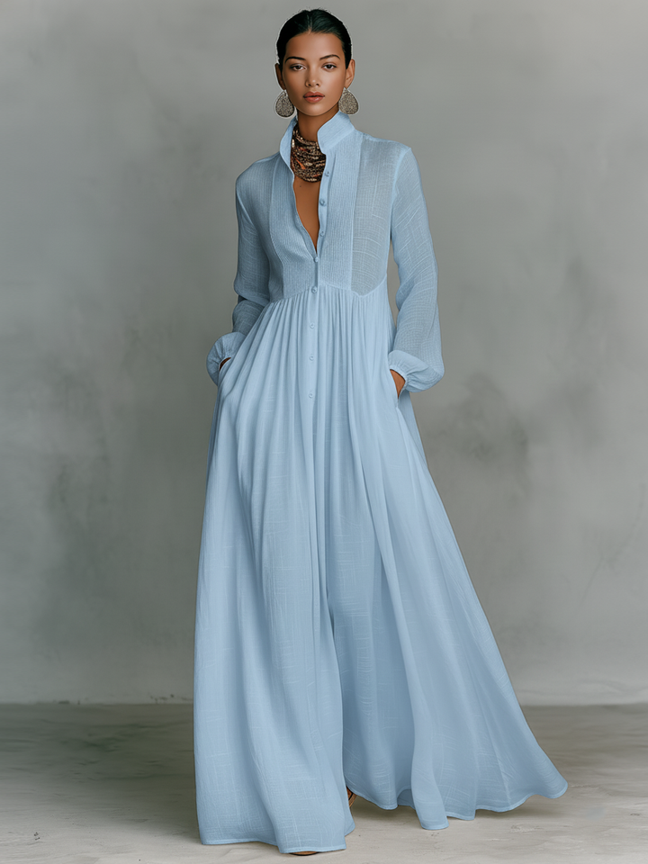 Maxi Minimalist Dress in Cotton and Linen with Patchwork, High Collar and Long Sleeves