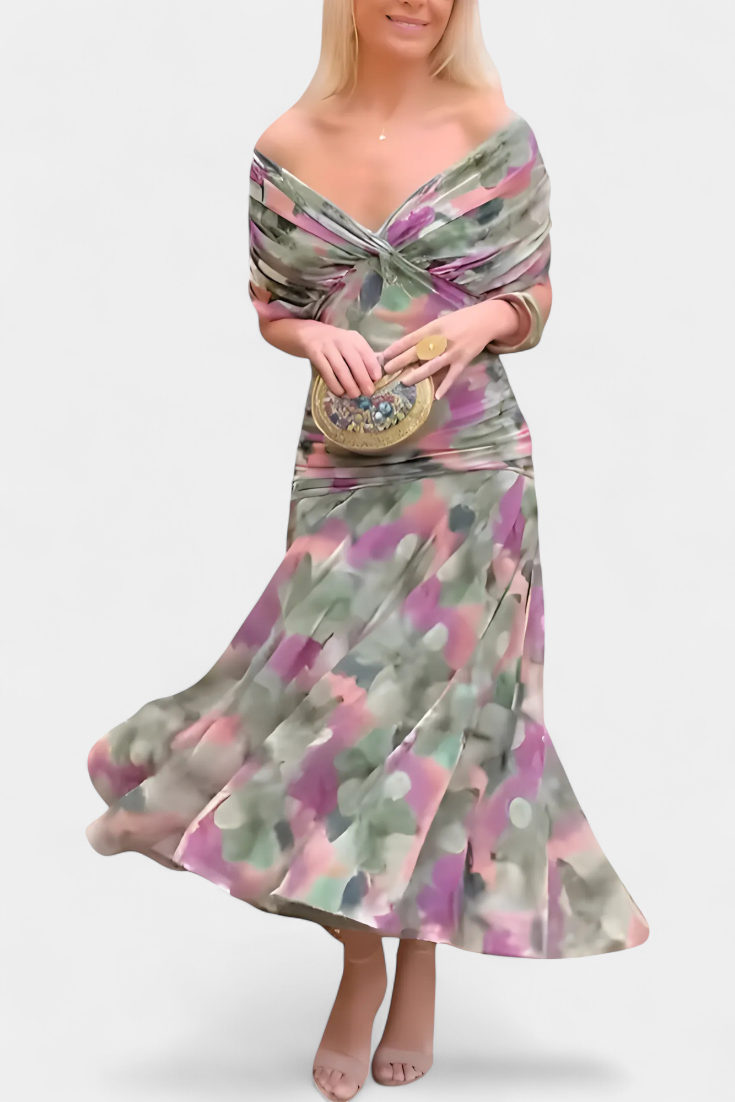 Florendra™ | Long Floral V Neck Dress