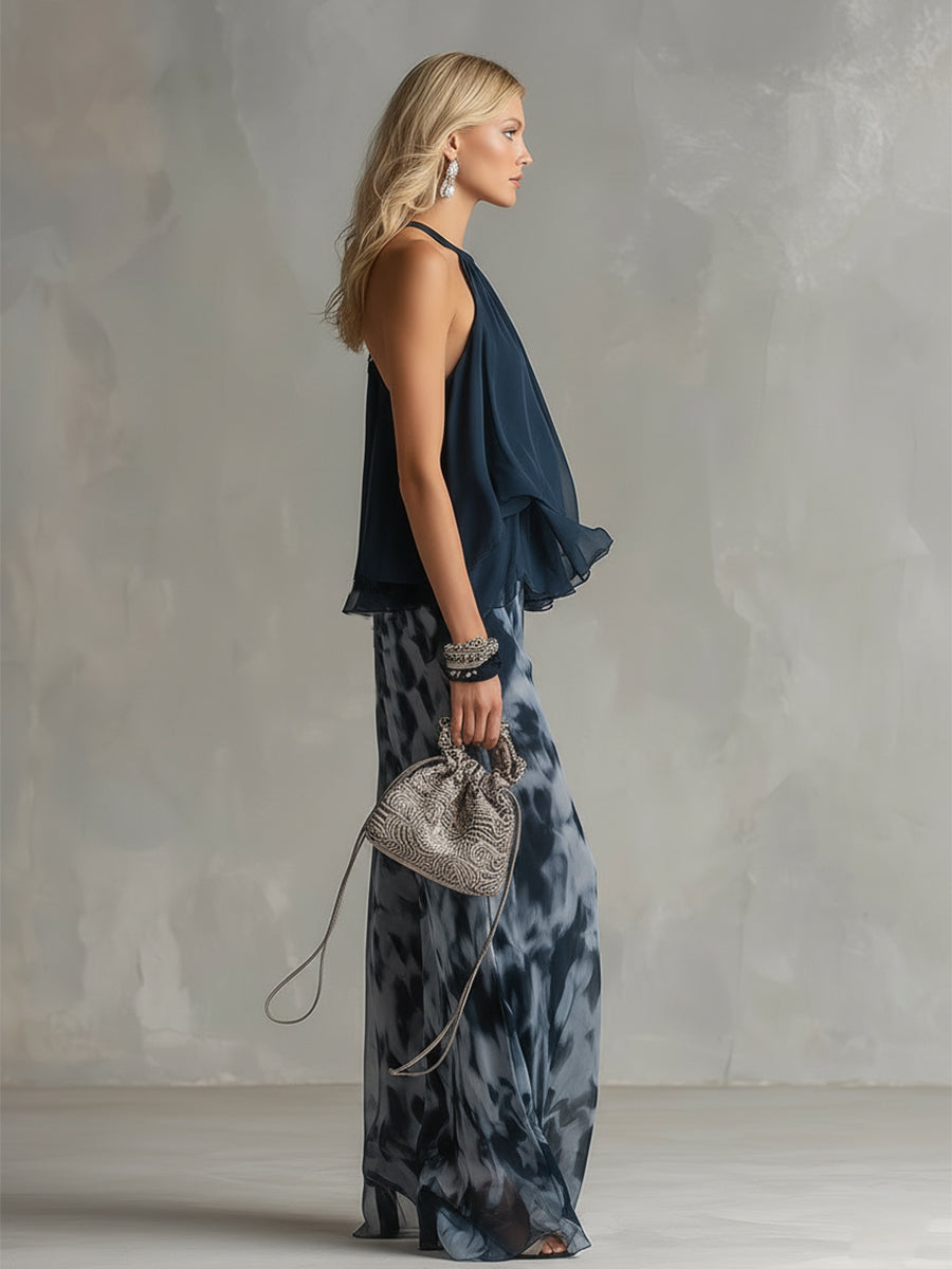 Ludovica™ | Elegant Chiffon Dress with High Neck Top & Wide Printed Trousers