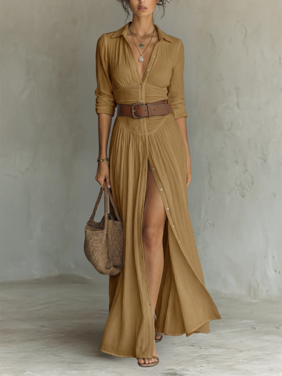 Long Maxi Dress with Notched Collar and Long Sleeves in Linen for Women