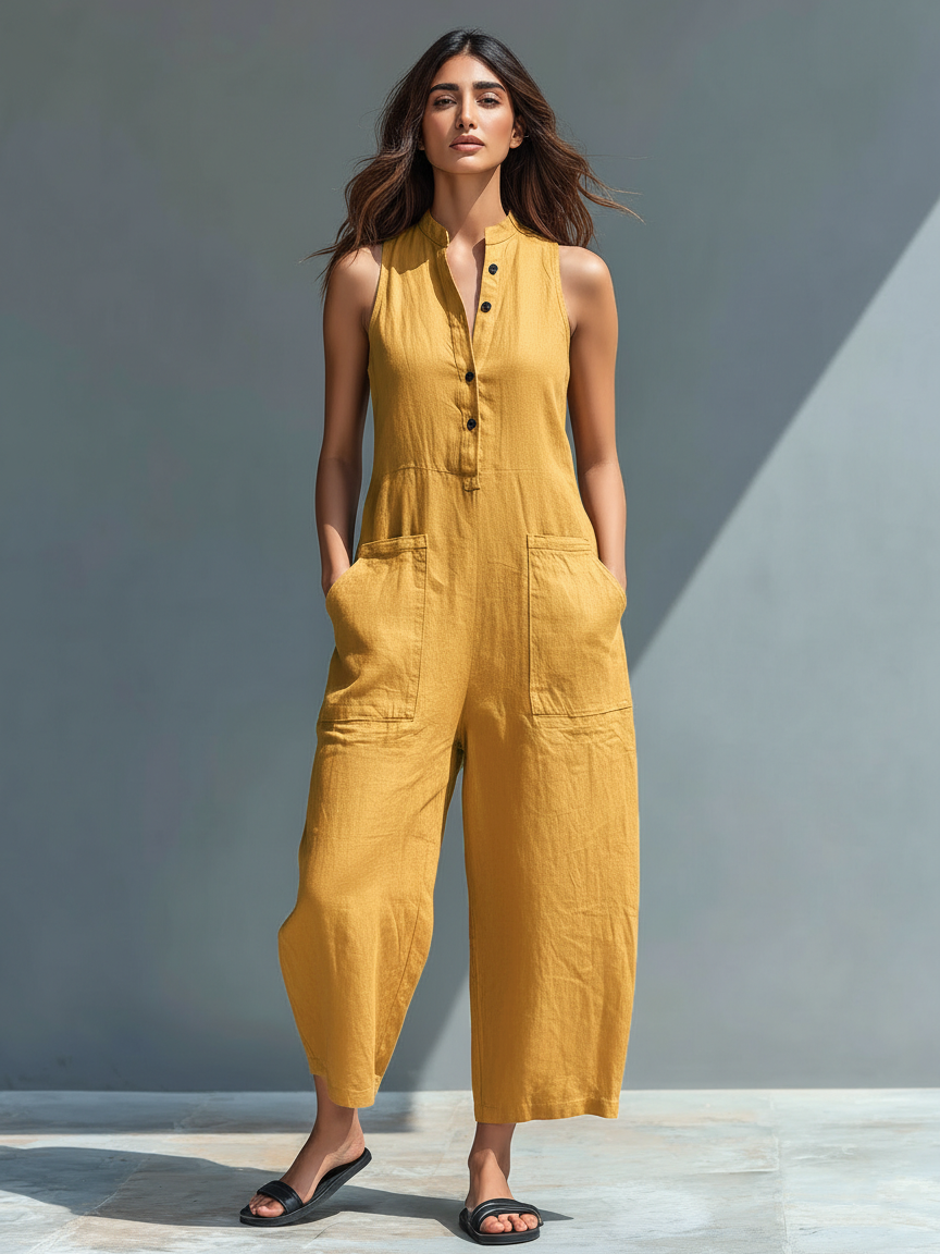 Sleeveless Minimalist Linen Blend Jumpsuit for Women with High Collar and Buttons