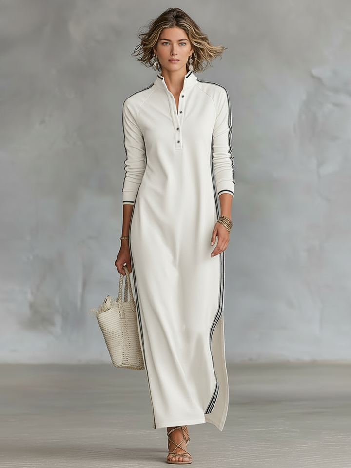 Maxi Dress Women’s Sweatshirt with Button-down Collar and White Trim