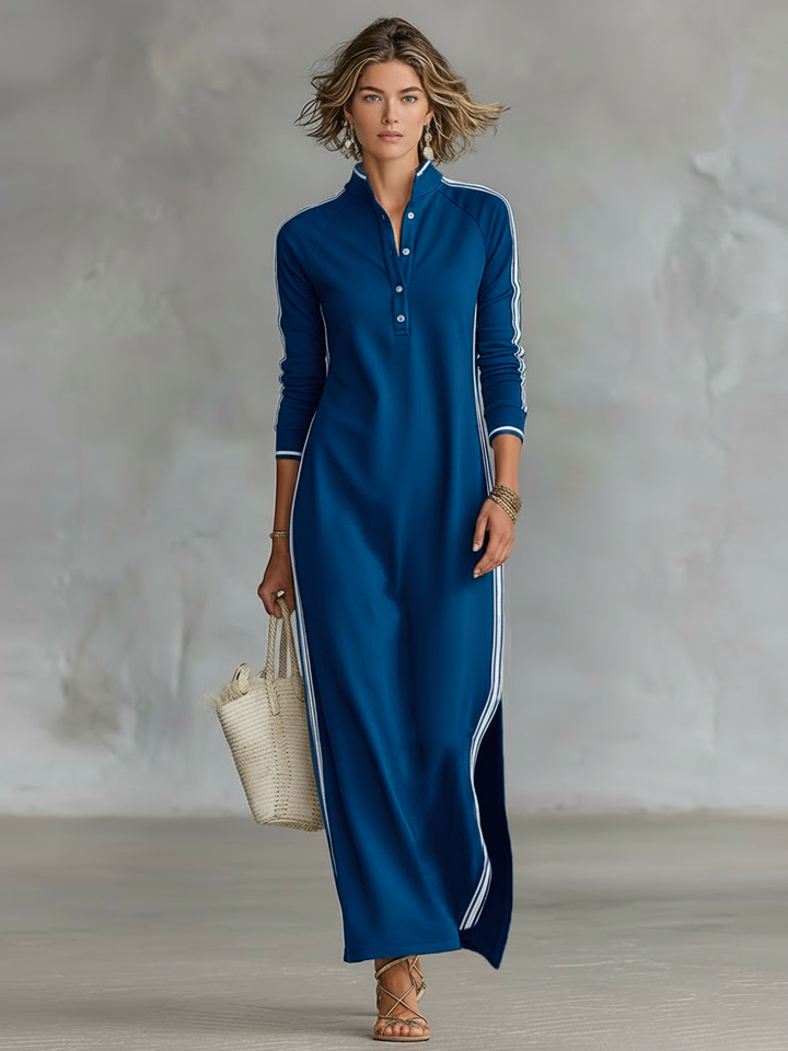 Maxi Dress Women’s Sweatshirt with Button-down Collar and White Trim
