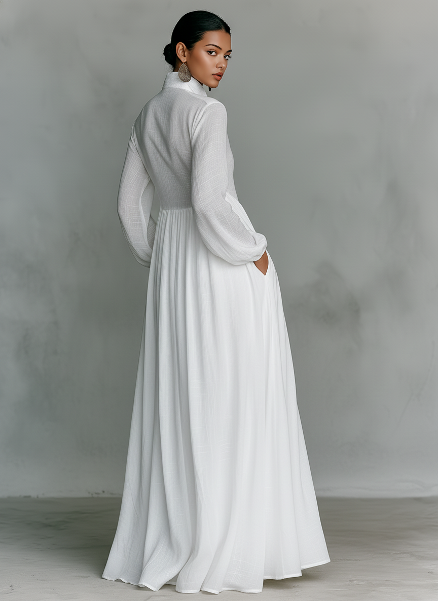 Maxi Minimalist Dress in Cotton and Linen with Patchwork, High Collar and Long Sleeves