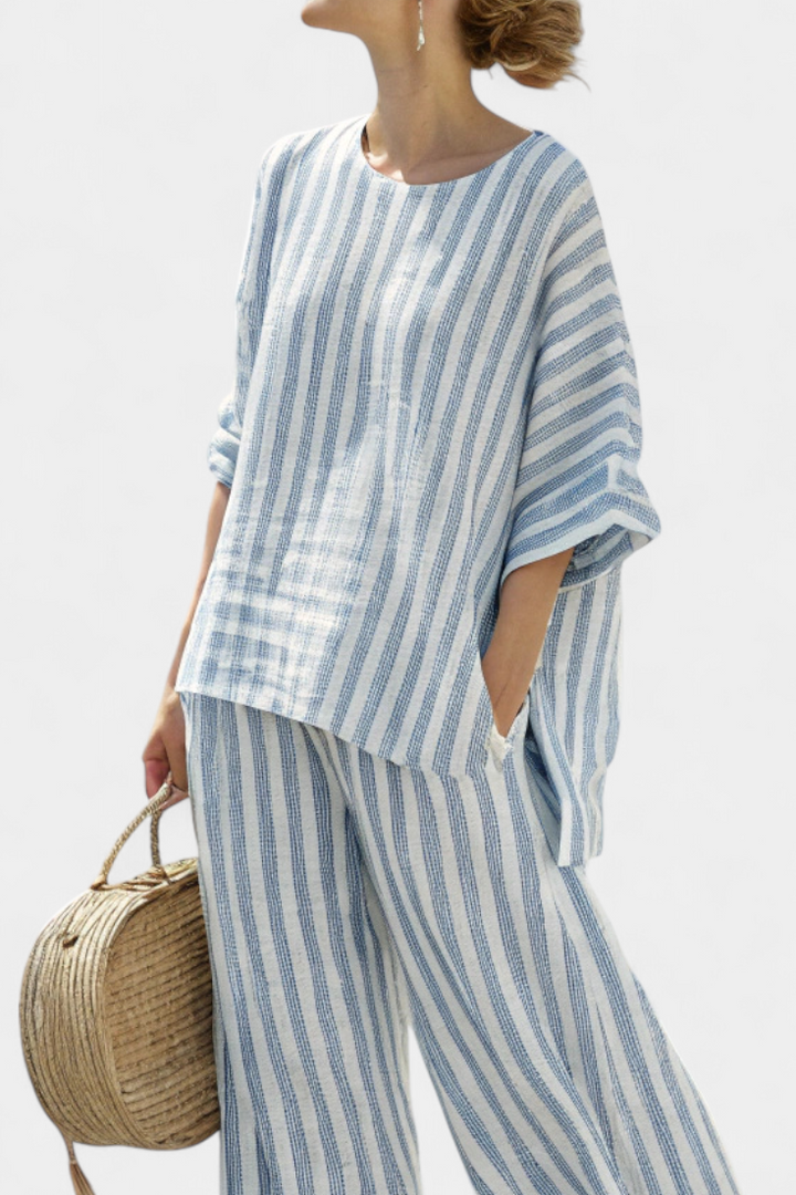 Federica™ | Sophisticated Blue Striped Linen Top & Relaxed Trousers