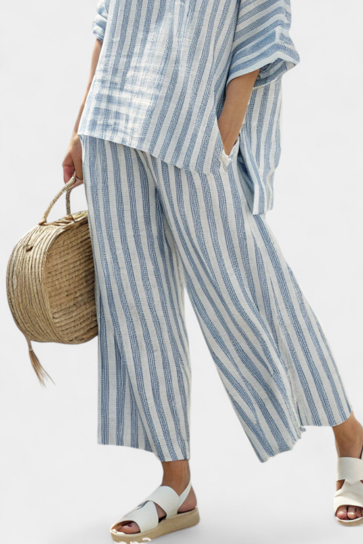 Federica™ | Sophisticated Blue Striped Linen Top & Relaxed Trousers
