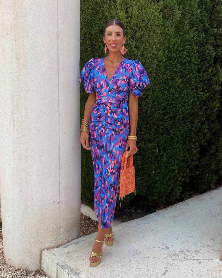 Loren - Vibrant Midi Dress with Voluminous Sleeves