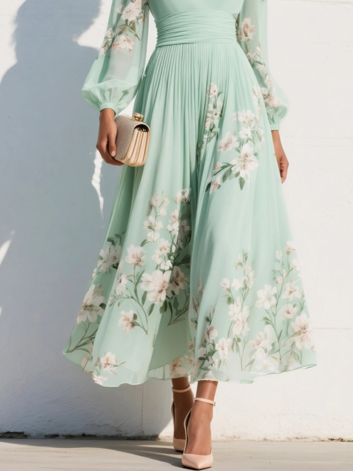 Alice™ |Light Green V-Neck Chiffon Pleated Floral Midi Dress