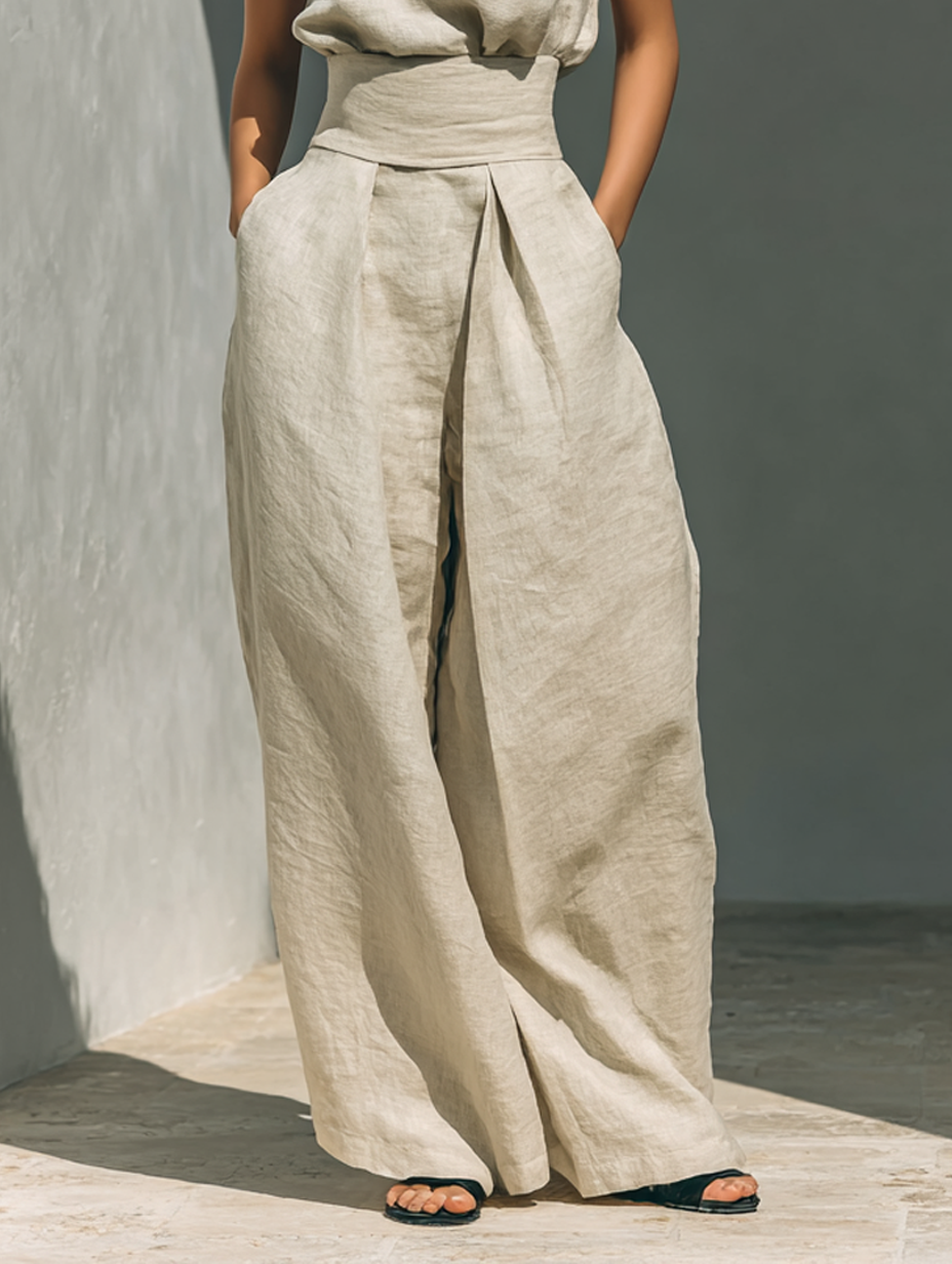 Aurora • Two-piece set consisting of a sleeveless beige top in a cotton-linen blend and wide-leg pants