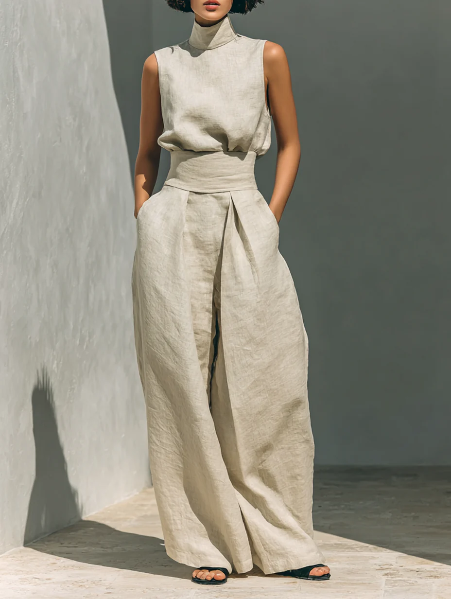 Aurora • Two-piece set consisting of a sleeveless beige top in a cotton-linen blend and wide-leg pants