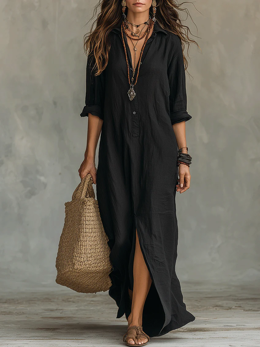 Soline™ | Relaxed V-Neck Button Maxi Dress