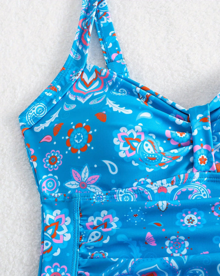 Floral print one-piece swimsuit with a plunging neckline