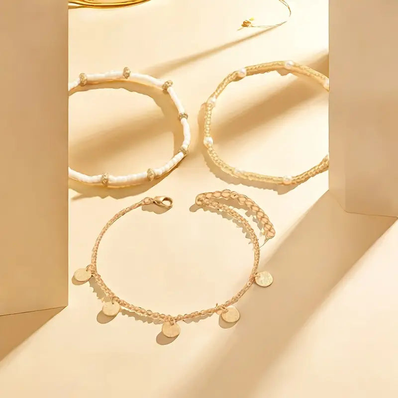 3-piece layered anklet set Coastal Charm | Gold