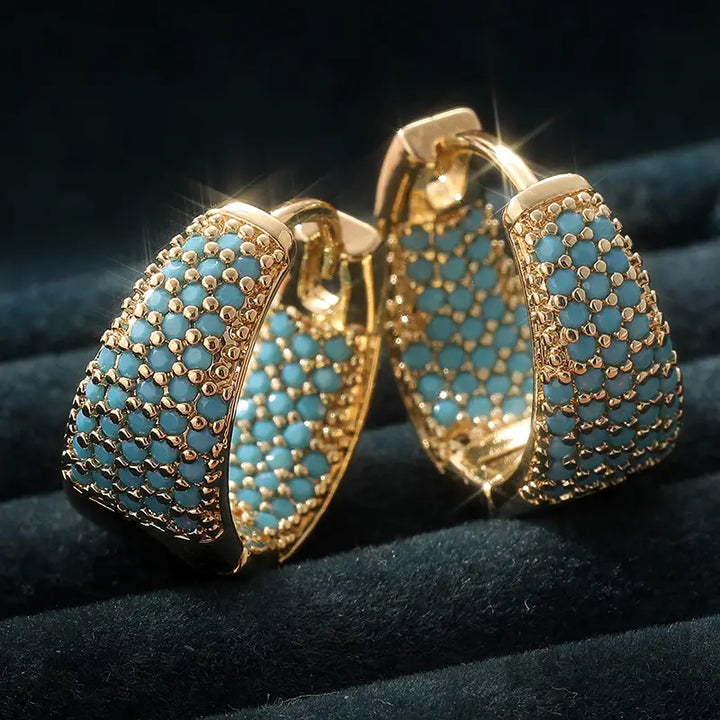 Turquoise Beaded Hoop Earrings with Gold Finish