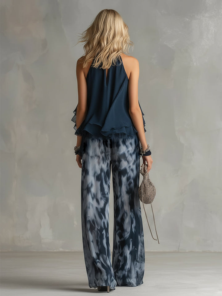 Ludovica™ | Elegant Chiffon Dress with High Neck Top & Wide Printed Trousers