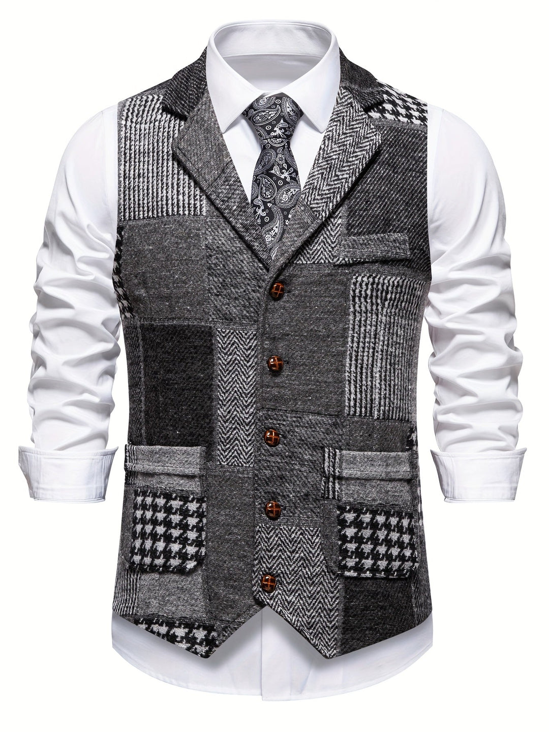 Leo™ | Patchwork Tweed Waistcoat with Herringbone Pattern