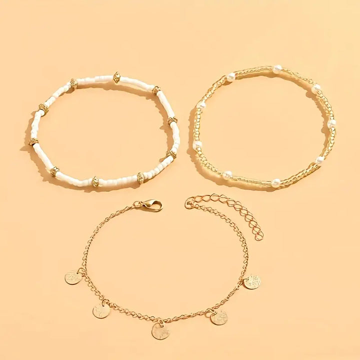 3-piece layered anklet set Coastal Charm | Gold