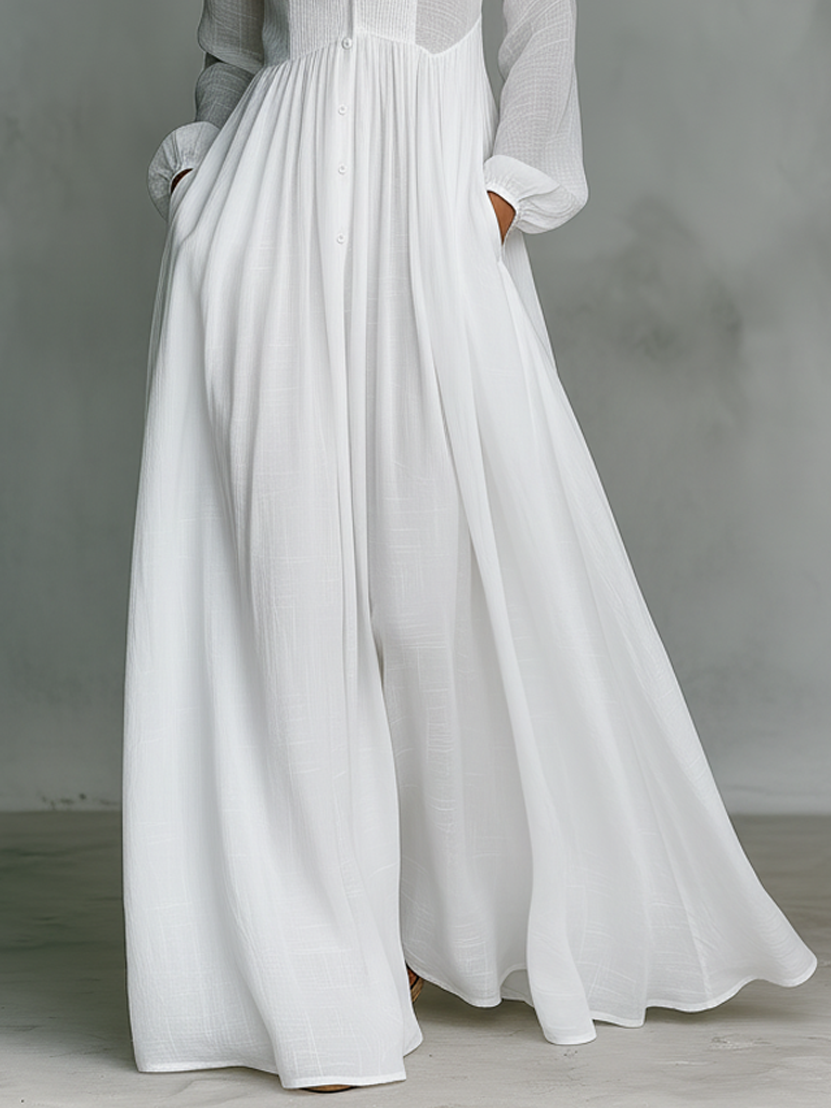 Maxi Minimalist Dress in Cotton and Linen with Patchwork, High Collar and Long Sleeves