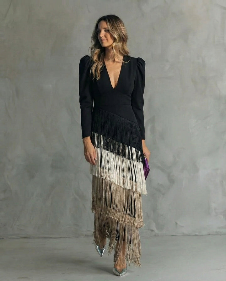 Clara ™ | Elegant Midi Dress with Fringe Sleeves