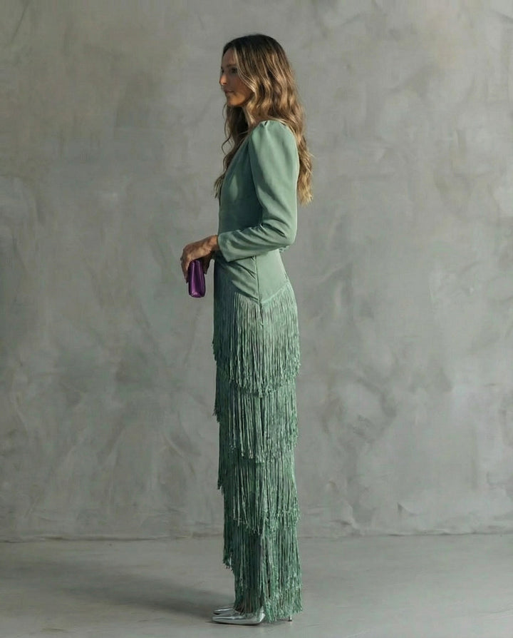 Clara ™ | Elegant Midi Dress with Fringe Sleeves